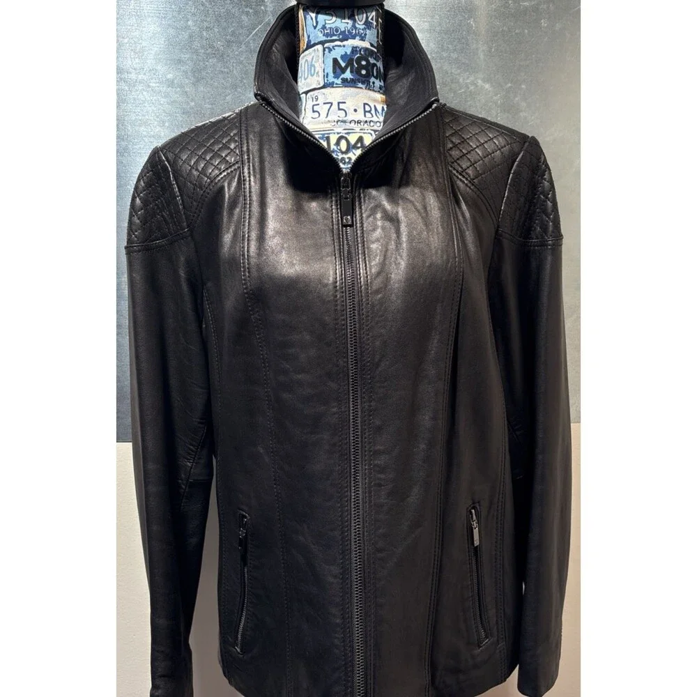 "Anne Klein Coat" Moto Jacket 2X Black 100% Leather Quilted Shoulders Full Zip - Picture 4 of 16